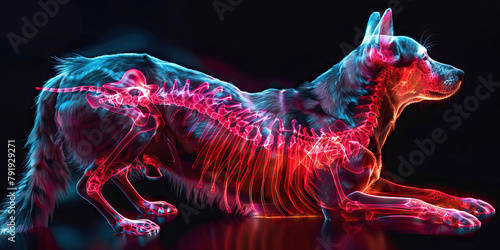 Canine Intervertebral Disc Disease: The Back Pain and Hind Limb Weakness - Visualize a dog with highlighted spine showing disc degeneration, experiencing back pain and hind limb weakness photo