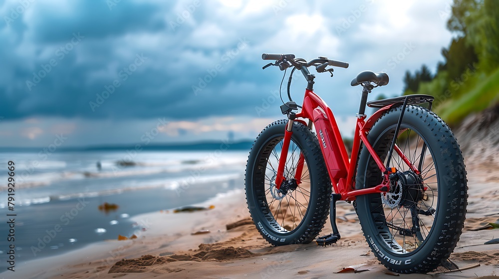 red modern mid drive motor city touring or trekking e bike pedelec with electric engine middle mount battery powered ebike at beach red modern mid drive motor city touring or trekking e bike pedelec with electric engine middle mount battery powered ebike at beach