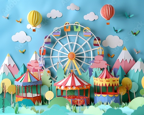 Papercraft art stock image of a colorful carnival scene  paper ferris wheel and booths  festive and joyful mood