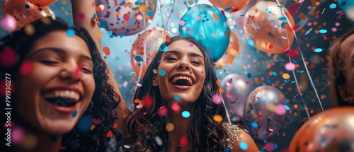 Celebration scene for Women's Day with balloons and confetti, joyful group of women photo