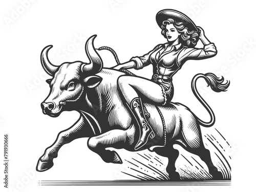 Pin-up woman bull cowgirl in full rodeo action, riding bull with a lasso sketch engraving generative ai fictional character vector illustration. Scratch board imitation. Black and white image.