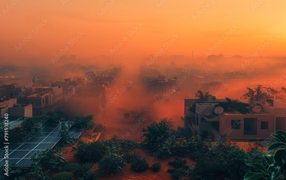 Fototapeta premium Urban Rooftop Solar Panels in Heatwave Haze, Green Energy Solution