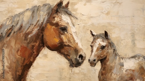 Heartwarming Impasto Oil Painting of Mother Horse and Foal Generative AI