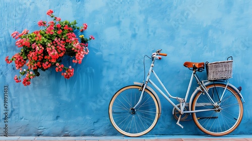 side view of bicycle with flowers in basket in front of blue wall photo