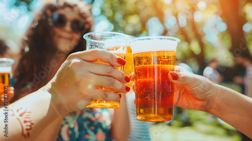 Fototapeta Naklejka Na Ścianę i Meble -  A group of friend holding a glass of beer and cheering at the park, outdoor activity