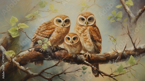 Vintage Oil Painting of Owl Family on Tree Branch Generative AI