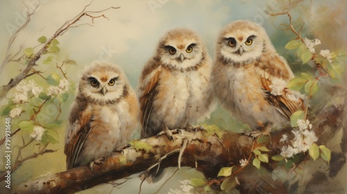 Captivating Vintage Oil Painting of an Owl Family on a Tree Branch Generative AI