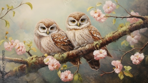 Vintage Oil Painting: Owl Family on a Branch Generative AI