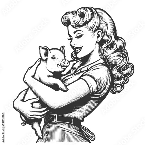 cheerful woman holding an adorable piglet with affection and care sketch engraving generative ai fictional character vector illustration. Scratch board imitation. Black and white image.