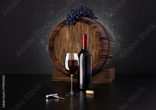 Bottiglia di vino e barrique con una sullo sfondo, illustrazione 3d photo