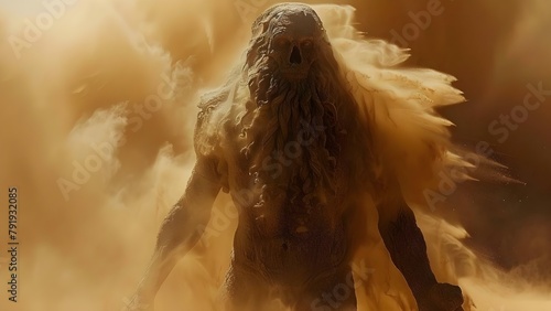 Fictional colossal sandstone Greek god creates sandstorm with immense power. Concept Fiction, Greek Mythology, Sandstone, Sandstorm, Immense Power photo