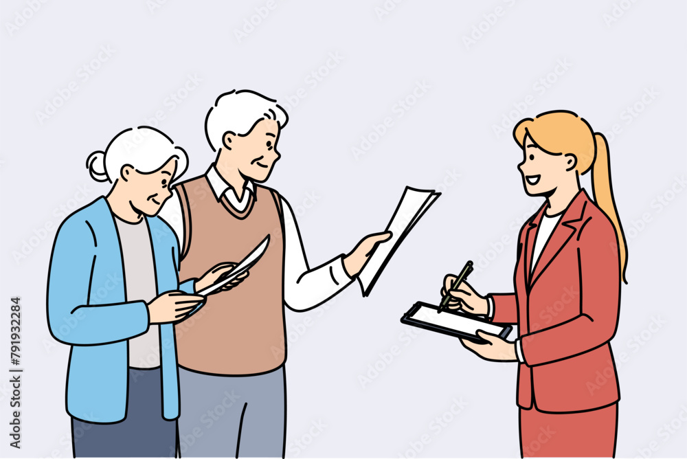 Girl conducts survey of older people, issuing questionnaires to study quality of life after retirement. Gray-haired elderly man and woman consulting with pension fund lawyer giving financial advice Girl conducts survey of older people, issuing questionnaires to study quality of life after retirement. Gray-haired elderly man and woman consulting with pension fund lawyer giving financial advice