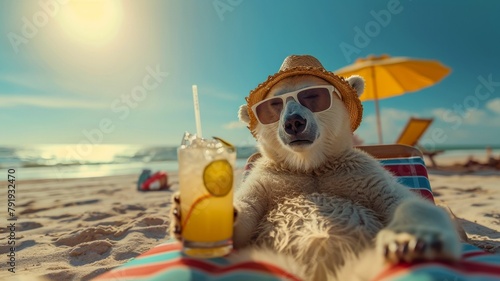 A Polar Bear in human clothes lies on a sunbathe on the beach, on a sun lounger, under a bright sun umbrella, drinks a mojito with ice from a glass glass with a straw, smiles, summer tones, bright ric © Дмитрий Симаков