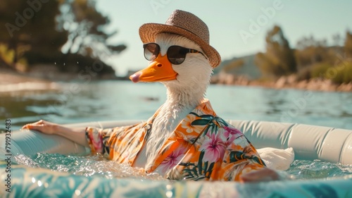 Ducks dressed in a Hawaiian shirt, beach shorts, hat, sunglasses Paddling in inflatable kiddie pool, smiles, summer tones, bright rich colors, cinematic photo