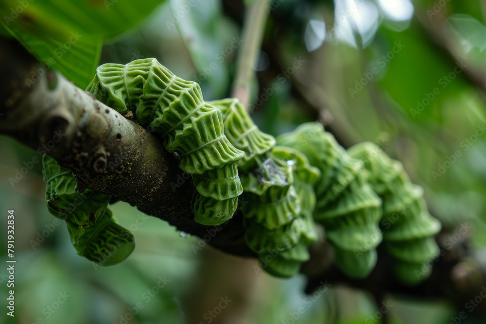 The unique serpentine fruits of Trichosanthes cucumerina, emphasizing their unusual length and coiled appearance - Generative AI - obrazy, fototapety, plakaty 