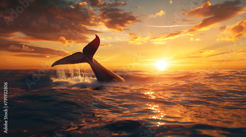 A sunset over the sea with a whale wildlife landscape in nature © Alice a.