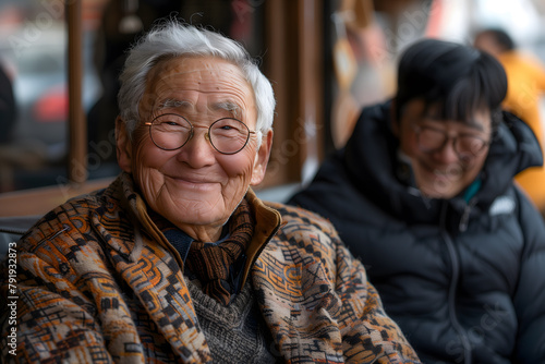 Senior Asian man smiling with family in a cozy setting