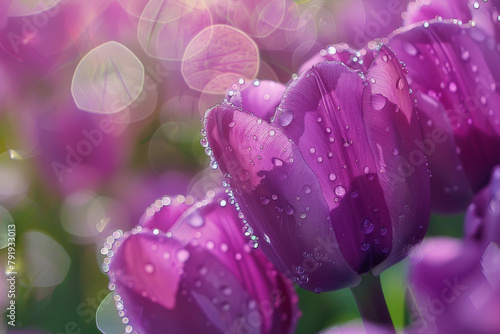 Purple tulips glistening with morning dew, emphasizing the freshness and vitality of the flowers at the start of the day - Generative AI