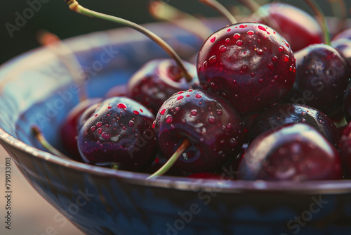 A bowl filled with ripe, red cherries, emphasizing the fruit's vibrant color and juicy texture - Generative AI