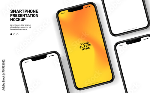 Realistic smartphone mockup. Mobile phone vector with isolated on white background. Device front view. 3D mobile phone with shadow. Realistic, high quality smart phone mockup for ui ux presentation.