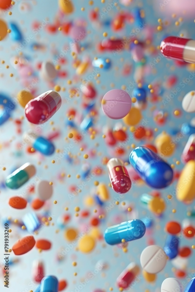 Colorful Medication Capsules in Mid-Air Colorful Medication Capsules in Mid-Air