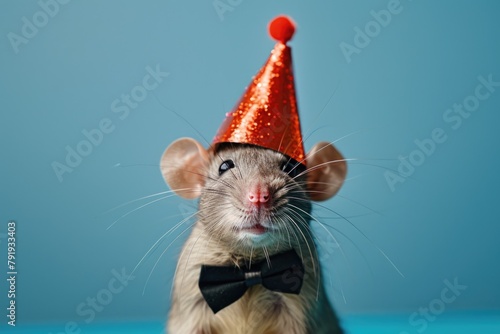 Festive Rat Ready to Party with Shiny Red Hat and Bow photo