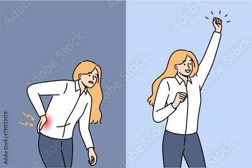 Woman with sore lower back bends over in pain, feeling sciatica, begins to rejoice after healing. Problem of sciatica or hernia caused by heavy lifting in young girl in business clothes
