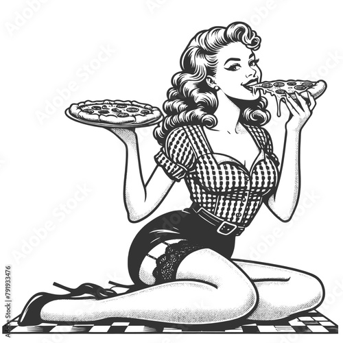 vintage-styled woman eats cheesy slice of pizza sketch engraving generative ai fictional character vector illustration. Scratch board imitation. Black and white image. © Oleksandr Pokusai