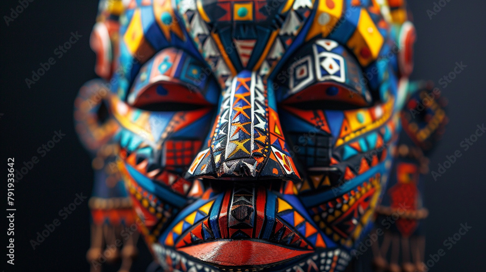 intricately carved African Mask, with its bold geometric patterns and vibrant colors representing traditional symbols and cultural motifs,