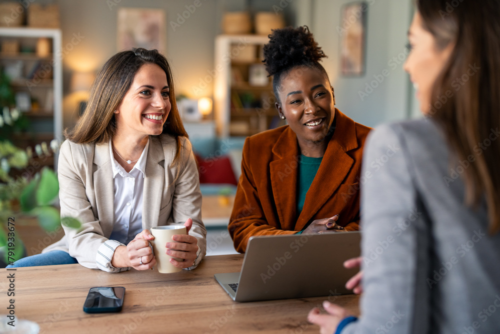 Female CEO executive manager mentor giving consultation on financial operations to colleague intern using laptop sitting in modern office. Female CEO executive manager mentor giving consultation on financial operations to colleague intern using laptop sitting in modern office.