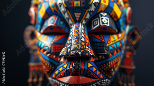 intricately carved African Mask, with its bold geometric patterns and vibrant colors representing traditional symbols and cultural motifs, © Yasmeen