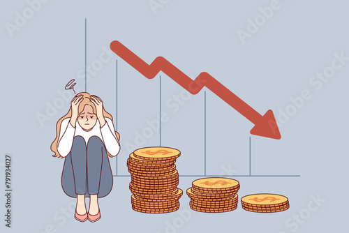 Problem of bankruptcy for girl lost savings due to financial crisis, sitting near falling economic chart. Girl is bankruptcy fighter after being fired from job and losing investments.