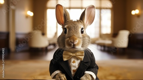 Imagine a dapper rabbit in a velvet smoking jacket, complete with a silk ascot and a top hat. Amidst a backdrop of Victorian architecture, it exudes old-world charm and refined taste. Mood: classic an photo