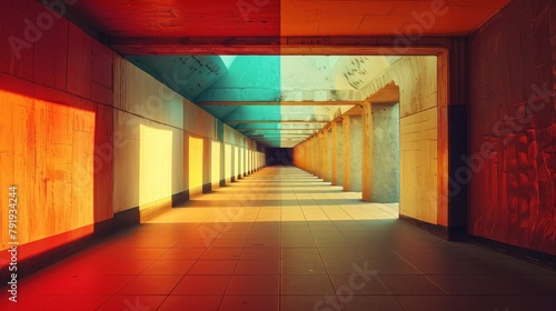 liminal space, concrete, pillars, orange and blue photo