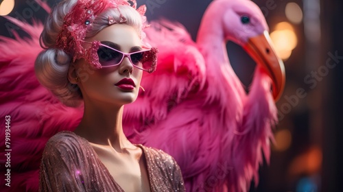 Picture a chic flamingo in a feathered boa  accessorized with oversized sunglasses and a sparkling tiara. Against a backdrop of tropical sunsets  it exudes glamour and flamboyance. Mood  vibrant and e