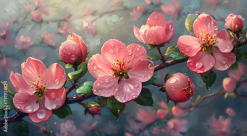Springtime Euphoria: Vibrant Oil Painting of Dewy Blossoms in Morning Light