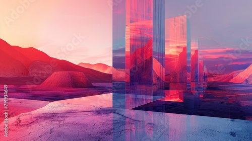 Pink and purple landscape with geometric shapes