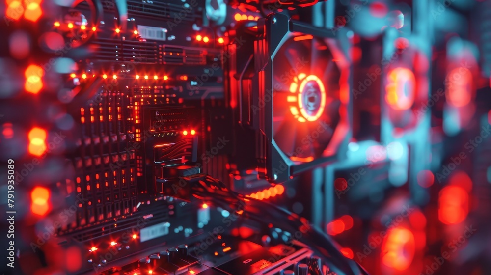 Fototapeta premium Cryptocurrency mining rig in operation, close view