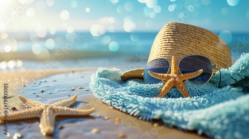 towel sun hat sunglasses and starfish on defocus sea background photo