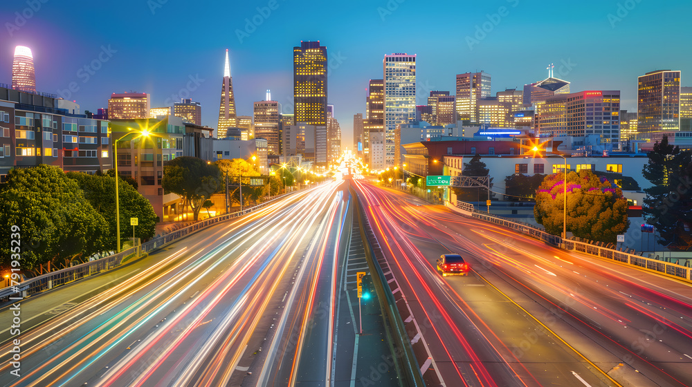 A car driving fast blur motion, long exposure with sunset beautiful warm sky scene in urban city