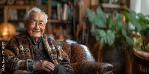 Elderly korean man with glasses sitting comfortably in a home library