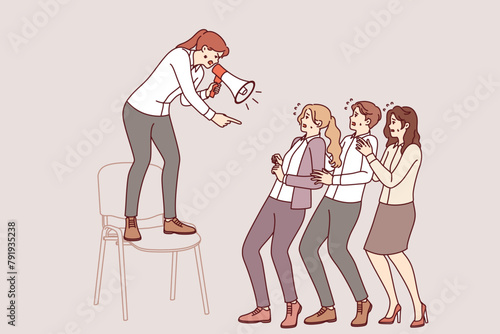 Woman manager shouts at subordinates through megaphone, intimidating employees to increase productivity. Toxic business manager uses hate and bullying to maintain leadership in corporation