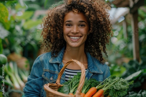 Joyful Woman Holding Basket of Fresh Vegetables