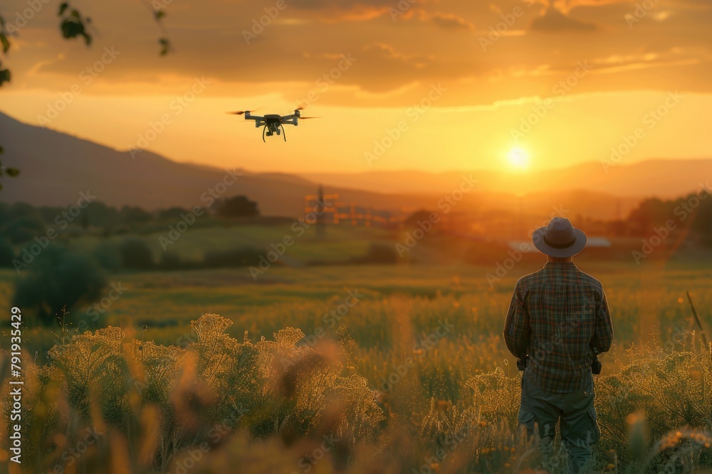 Farmer Operating a Drone at Sunset in Lush Fields