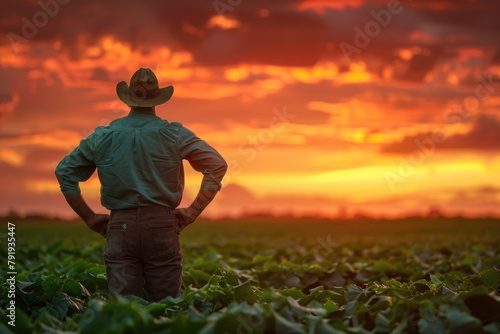 Contemplative Farmer Overlooking Soybean Field at Sunset