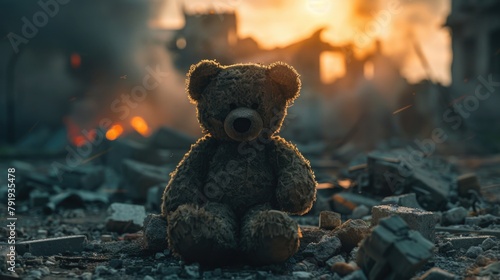 Abandoned Teddy Bear in War-Torn Landscape at Sunset