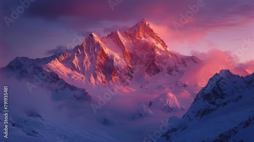 A beautiful landscape of snow capped mountains at sunset with clouds in the foreground and a valley in the background.