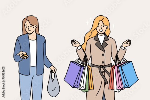 Problem of social inequality between rich woman with bags from supermarket and poor girl with coins in hand. Social inequality causes stress for lady in need of improved financial literacy