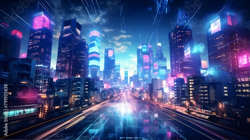 Night city with high-rise buildings and fast moving cars. Concept of modern city life