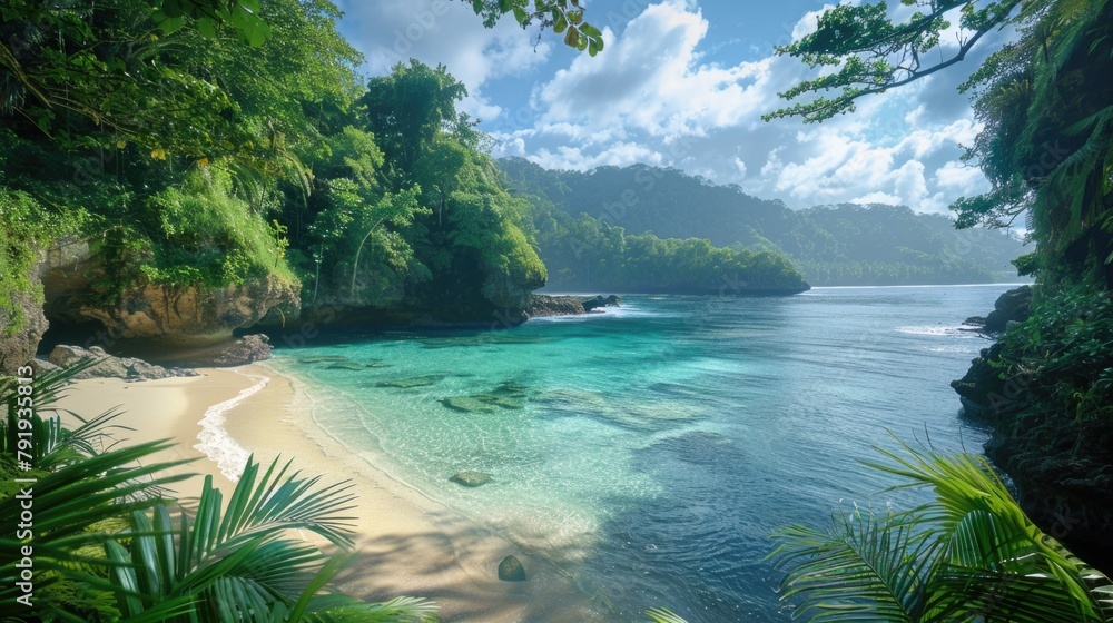 Serene Tropical Bay with Dramatic Cliffs and Lush Greenery